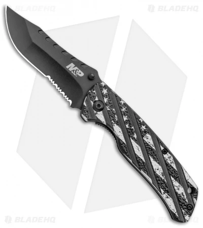 M&P American Patriot Folder Knife Black US Flag/Barbed Wire (3.25" Black Serr) 3 M&P American Patriot Folder Knife Black US Flag/Barbed Wire (3.25" Black Serr)