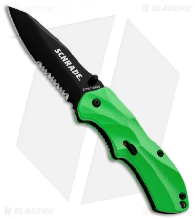 Schrade Small Clip Point Spring Assist Knife Green (2.5" Black Serr) SCHA7SMGRS 3 Schrade Small Clip Point Spring Assist Knife Green (2.5" Black Serr) SCHA7SMGRS